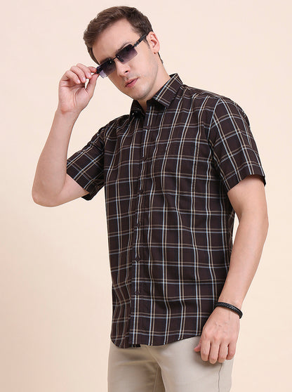 Dark Brown Checked Tailored Fit Semi Casual Shirt | JadeBlue