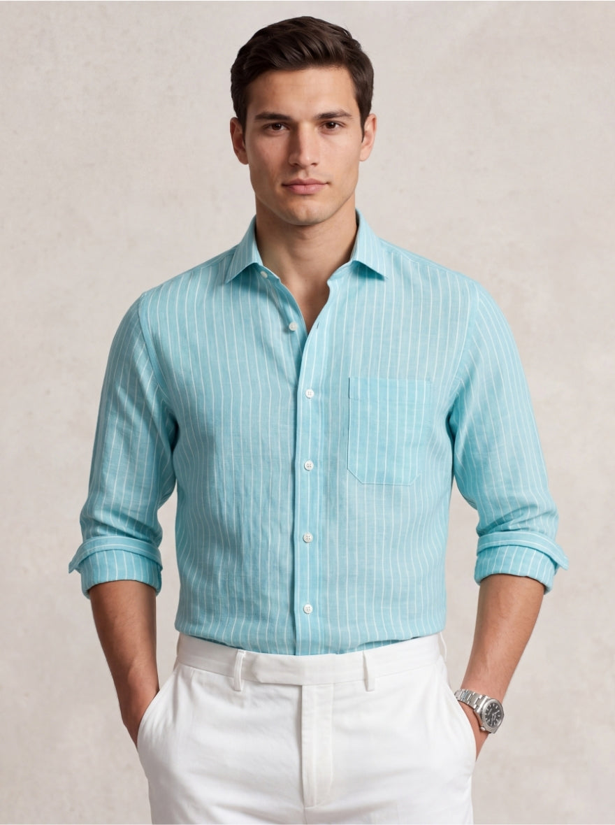 Sky Blue Striped Slim Fit Formal Shirt | JadeBlue