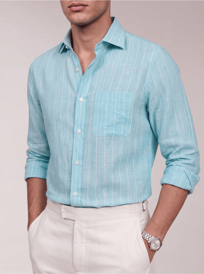 Sky Blue Striped Slim Fit Formal Shirt | JadeBlue