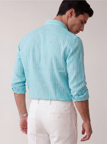 Sky Blue Striped Slim Fit Formal Shirt | JadeBlue