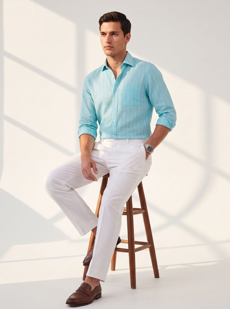 Sky Blue Striped Slim Fit Formal Shirt | JadeBlue