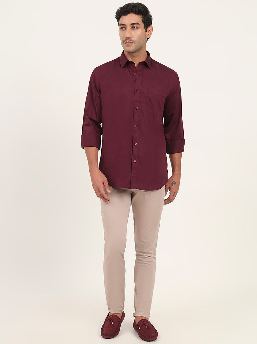 Wine Solid Slim Fit Semi Casual Shirt | JadeBlue