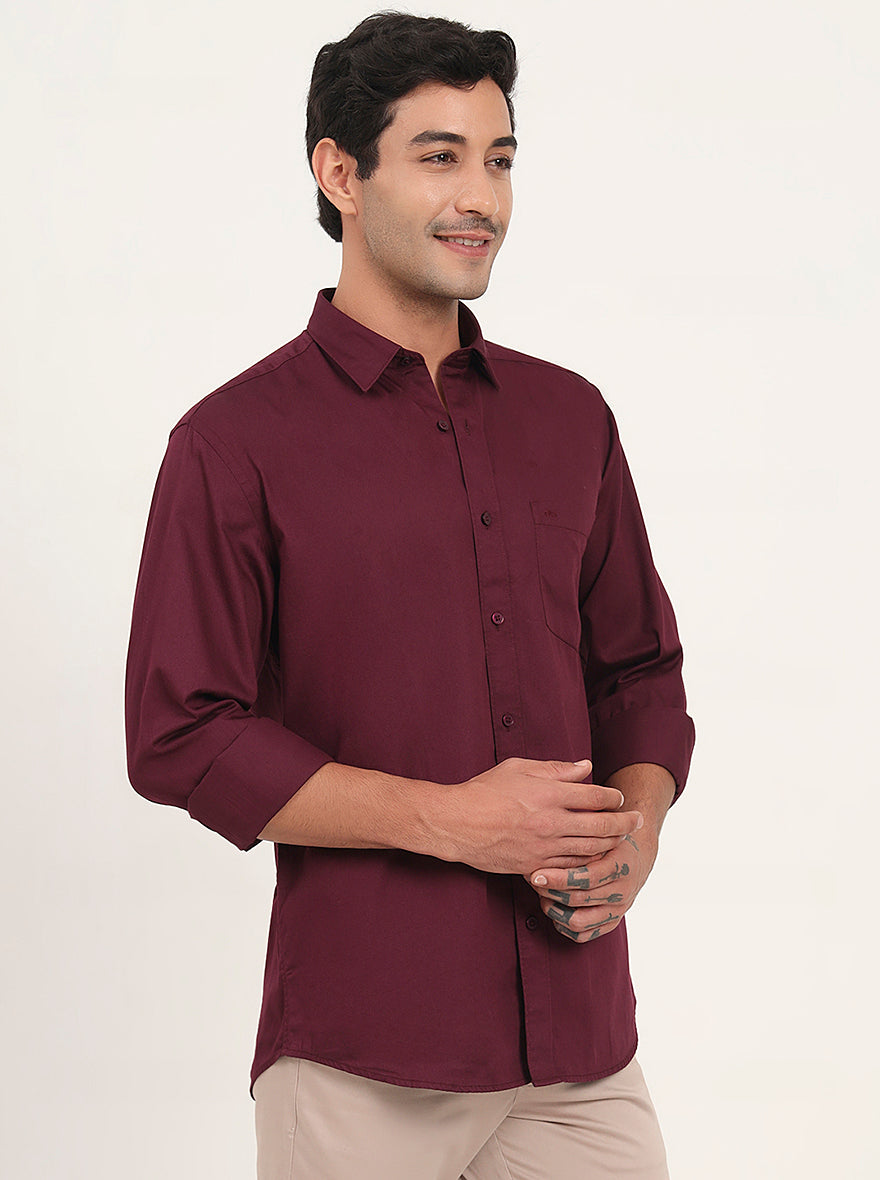 Wine Solid Slim Fit Semi Casual Shirt | JadeBlue