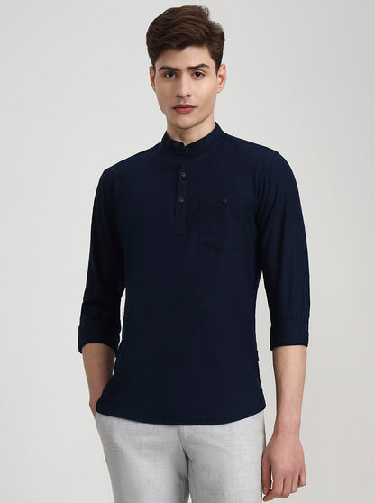 Navy Blue Solid Slim Fit Semi Casual Shirt | JadeBlue