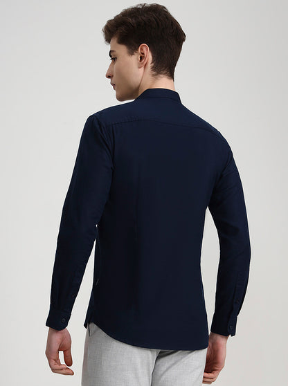 Navy Blue Solid Slim Fit Semi Casual Shirt | JadeBlue