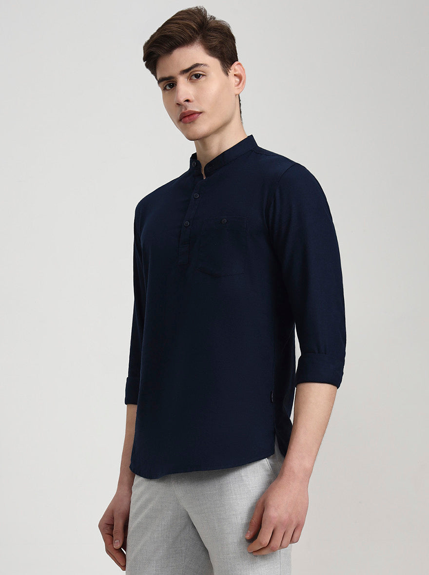 Navy Blue Solid Slim Fit Semi Casual Shirt | JadeBlue
