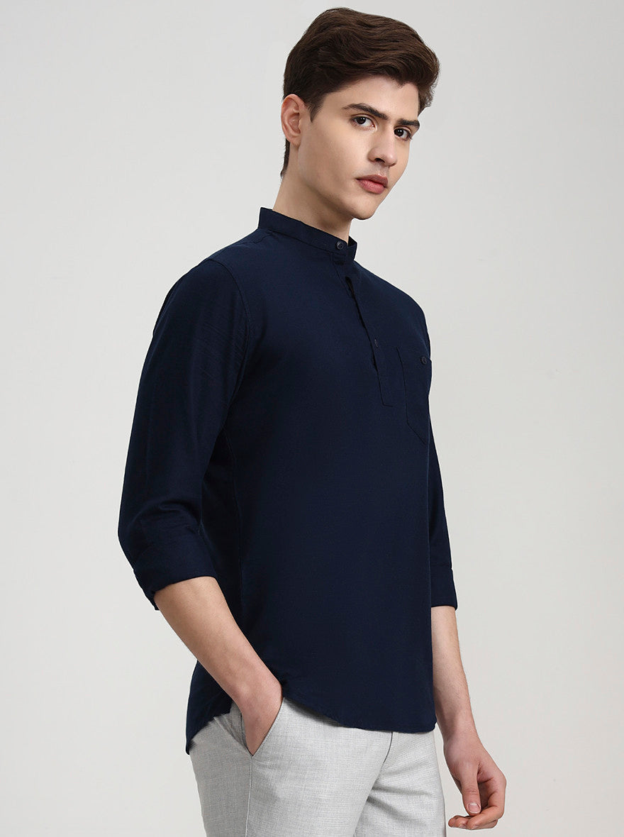 Navy Blue Solid Slim Fit Semi Casual Shirt | JadeBlue