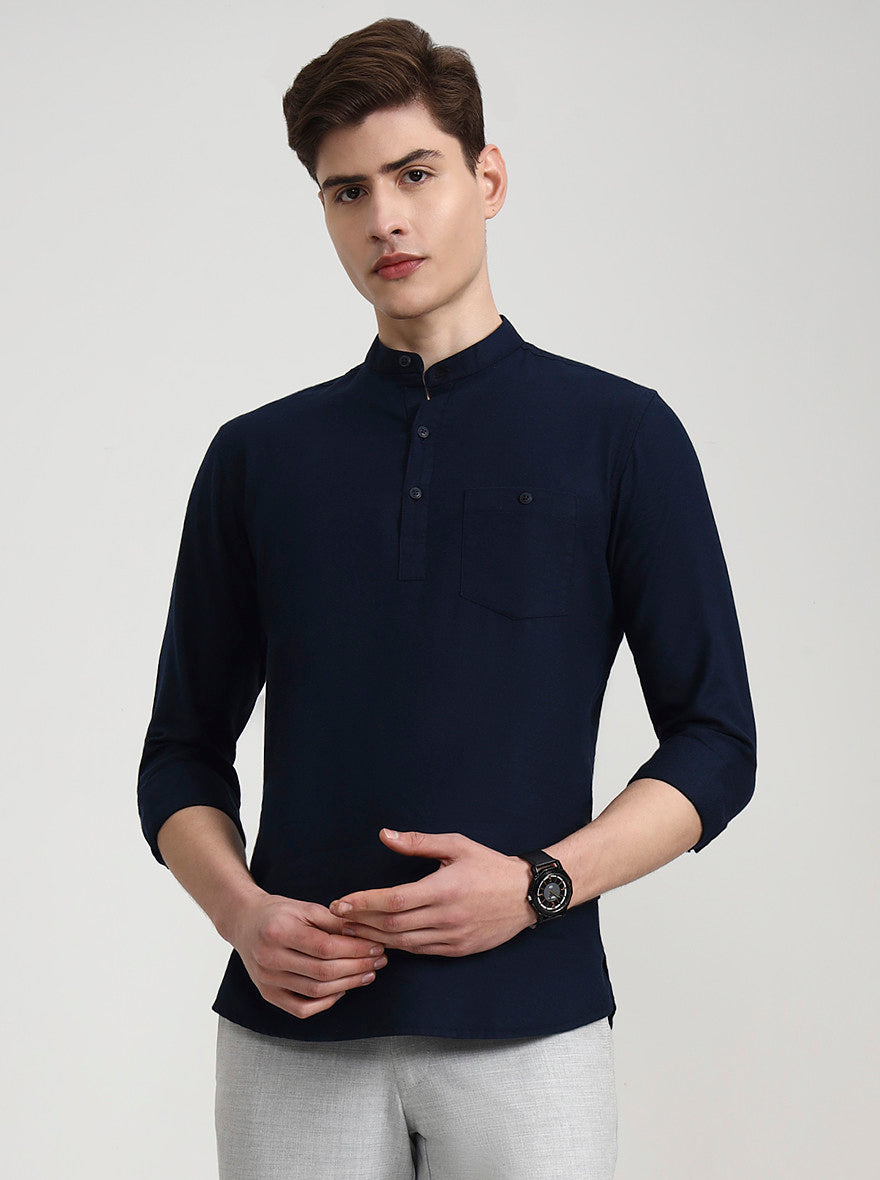 Navy Blue Solid Slim Fit Semi Casual Shirt | JadeBlue