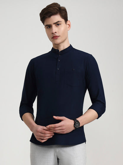 Navy Blue Solid Slim Fit Semi Casual Shirt | JadeBlue
