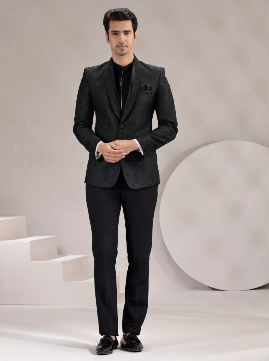 Black Self Design & Embroidered Suit | JadeBlue
