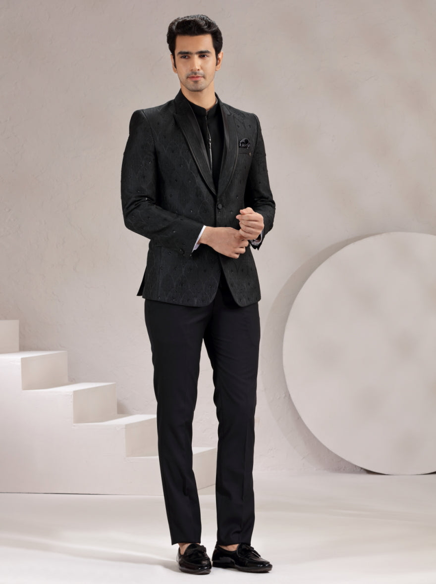 Black Self Design & Embroidered Suit | JadeBlue