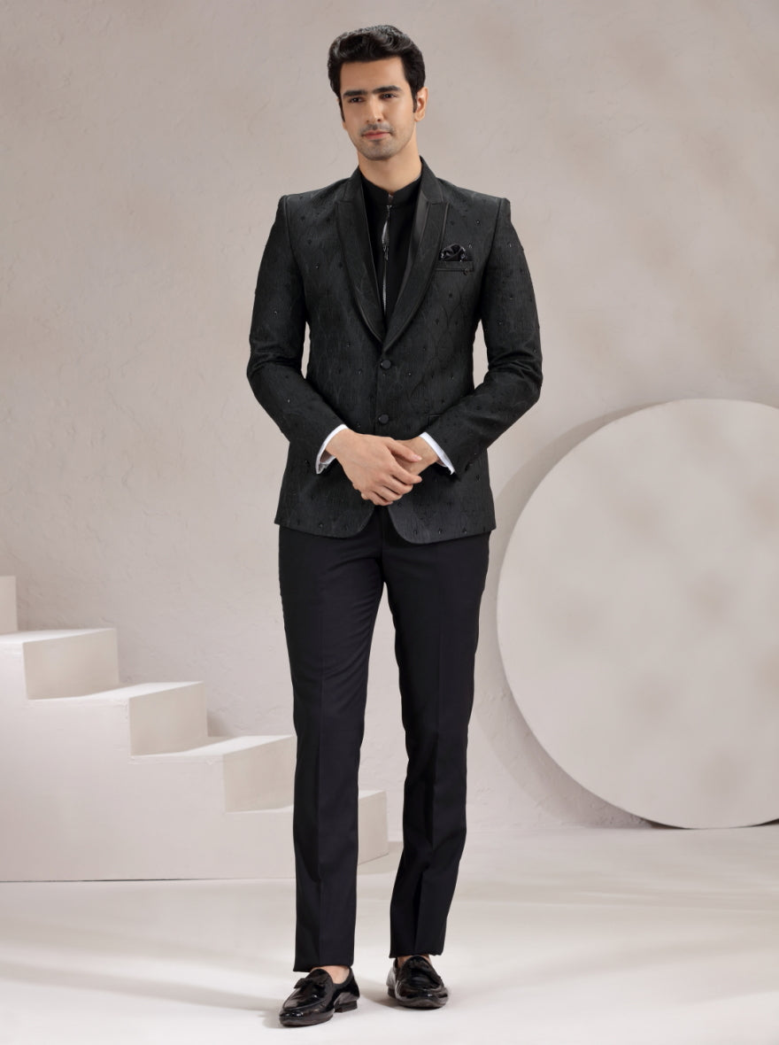 Black Self Design & Embroidered Suit | JadeBlue