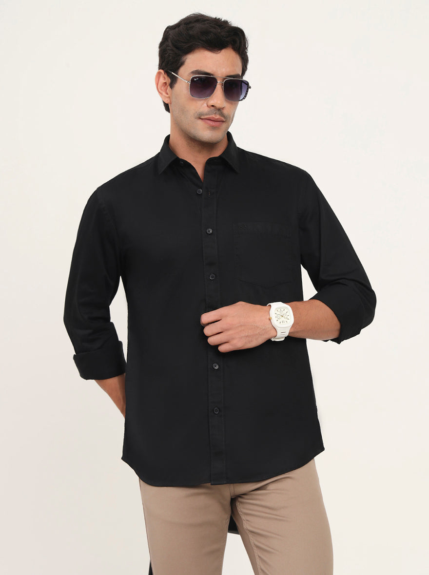 Black Solid Slim Fit Semi Casual Shirt | JadeBlue