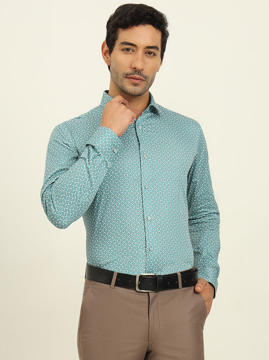 Green Printed Slim Fit Formal Shirt | Metal
