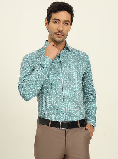 Green Printed Slim Fit Formal Shirt | Metal