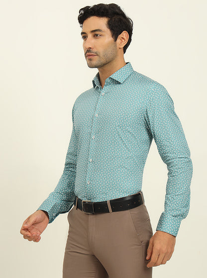 Green Printed Slim Fit Formal Shirt | Metal