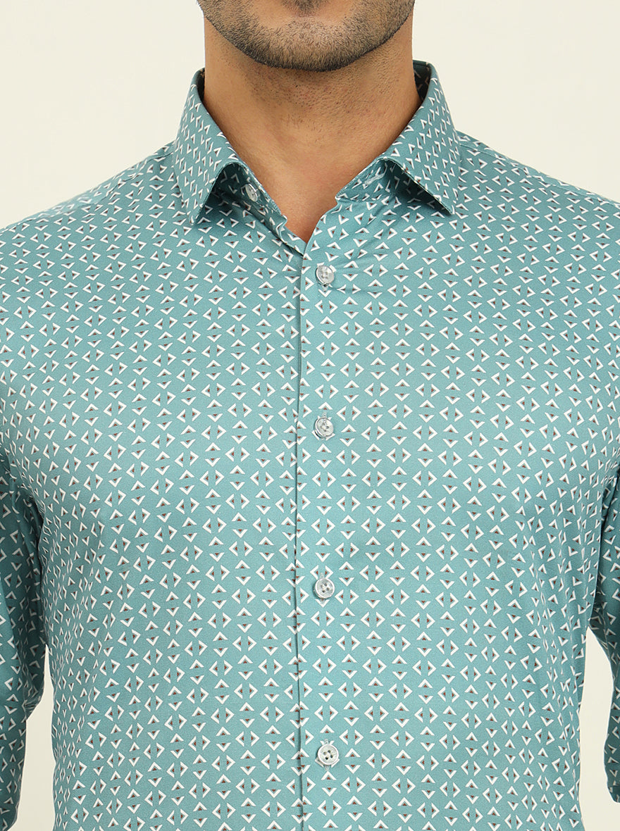 Green Printed Slim Fit Formal Shirt | Metal