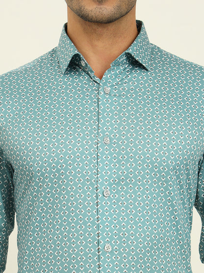 Green Printed Slim Fit Formal Shirt | Metal