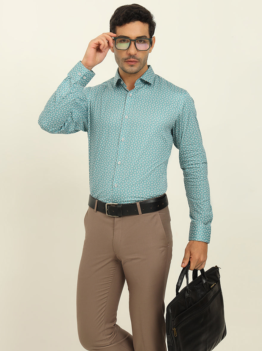 Green Printed Slim Fit Formal Shirt | Metal