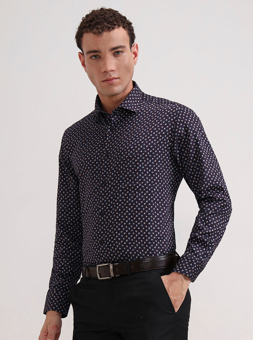 Blue & Brown Printed Slim Fit Formal Shirt | Metal