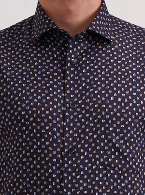 Blue & Brown Printed Slim Fit Formal Shirt | Metal