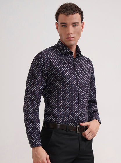 Blue & Brown Printed Slim Fit Formal Shirt | Metal