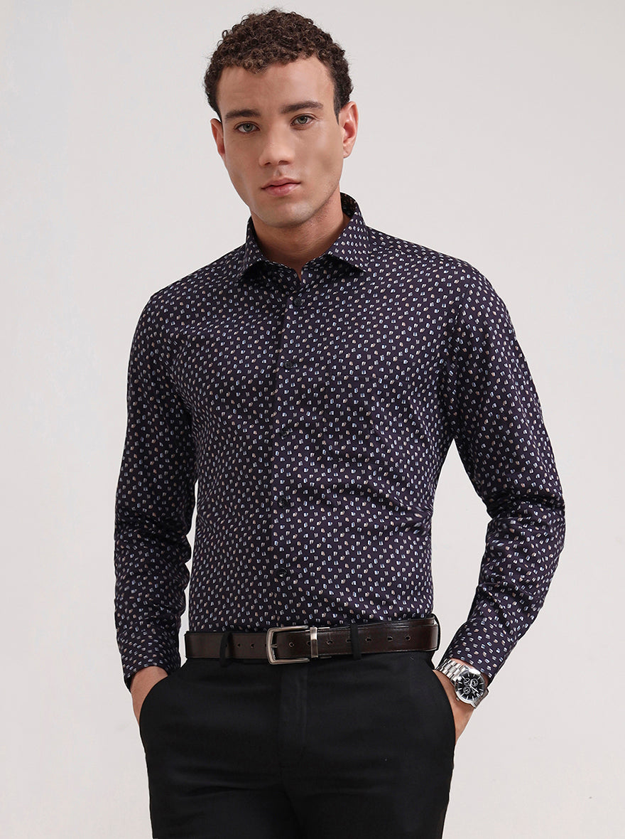 Blue & Brown Printed Slim Fit Formal Shirt | Metal