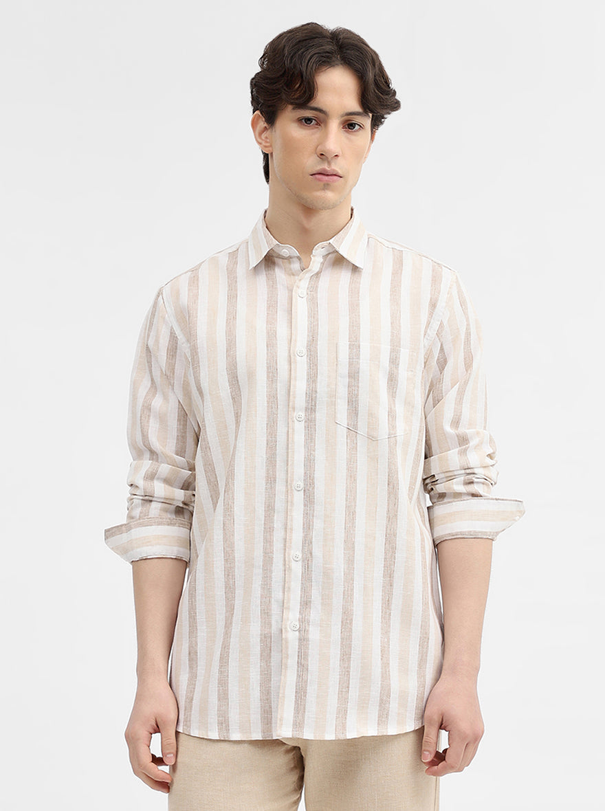 Beige Striped Slim Fit Casual Shirt | JadeBlue
