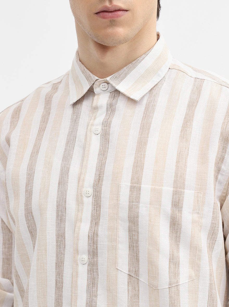 Beige Striped Slim Fit Casual Shirt | JadeBlue