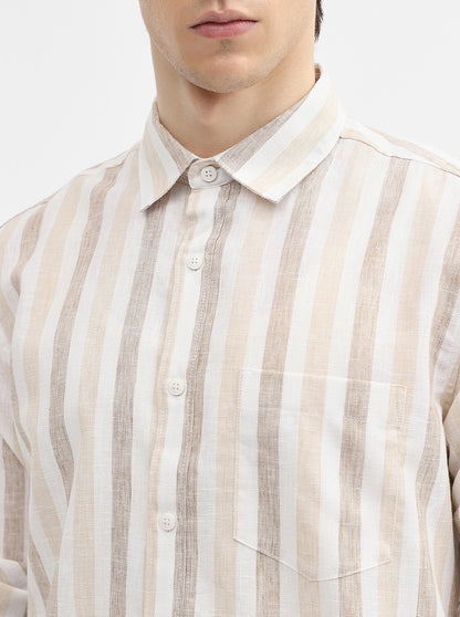 Beige Striped Slim Fit Casual Shirt | JadeBlue
