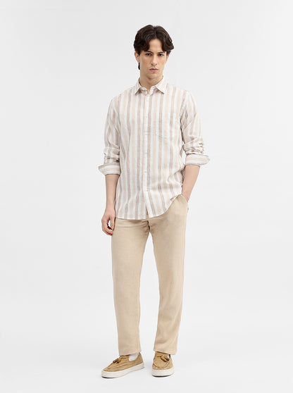 Beige Striped Slim Fit Casual Shirt | JadeBlue