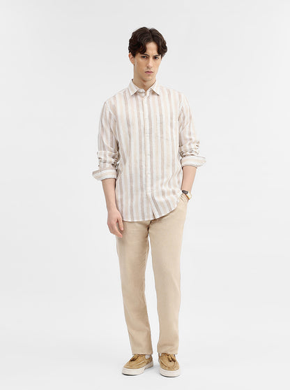 Beige Striped Slim Fit Casual Shirt | JadeBlue