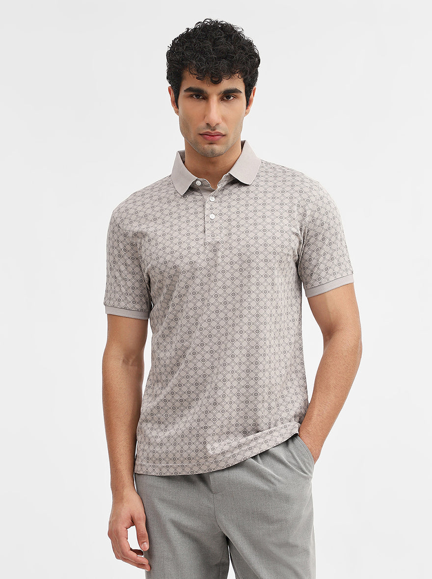 Grey Printed Slim Fit Polo T-Shirt | JadeBlue