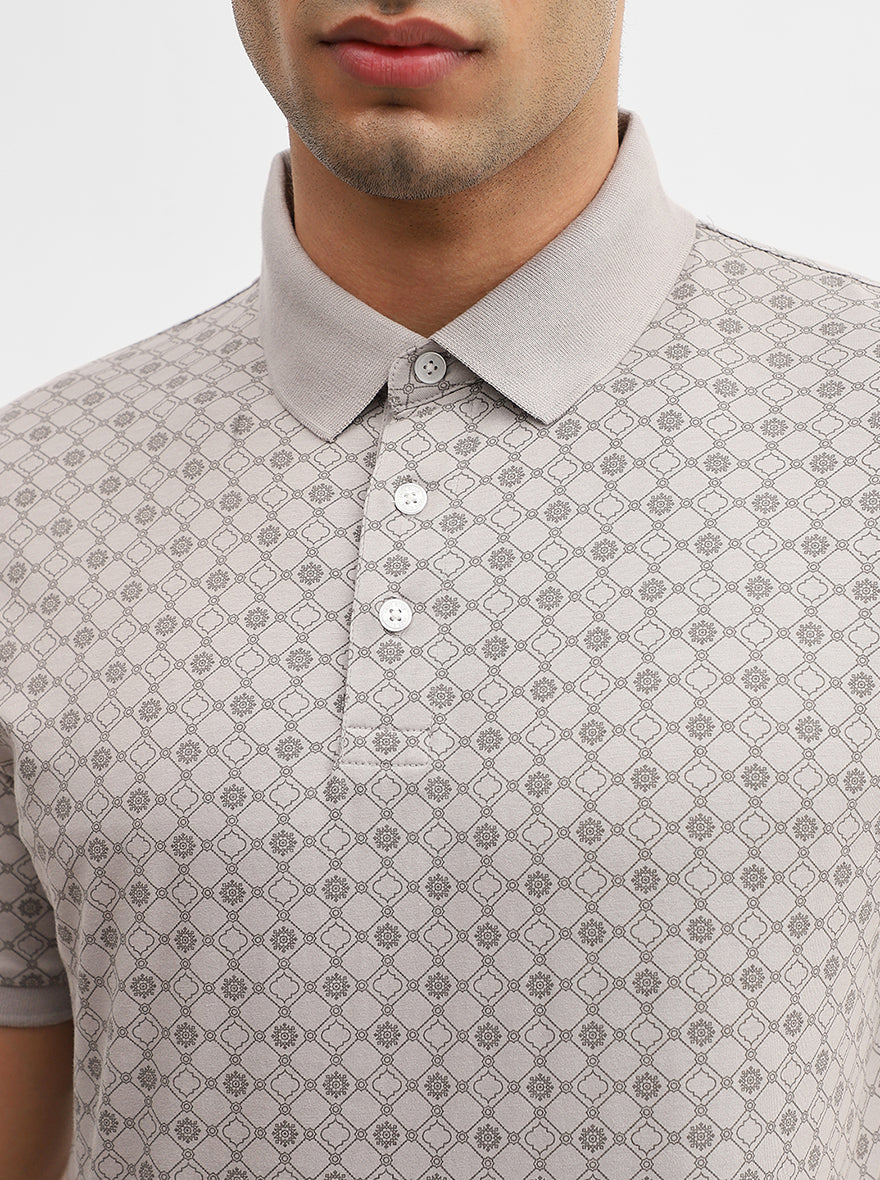 Grey Printed Slim Fit Polo T-Shirt | JadeBlue