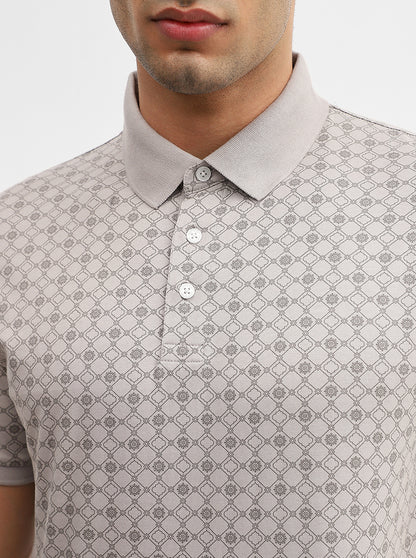Grey Printed Slim Fit Polo T-Shirt | JadeBlue