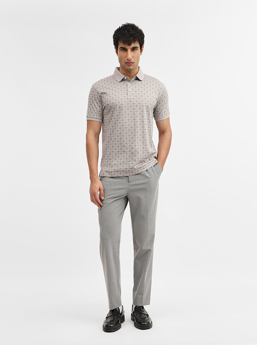 Grey Printed Slim Fit Polo T-Shirt | JadeBlue