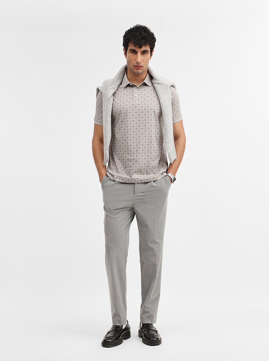 Grey Printed Slim Fit Polo T-Shirt | JadeBlue