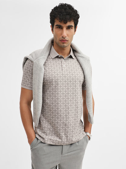 Grey Printed Slim Fit Polo T-Shirt | JadeBlue