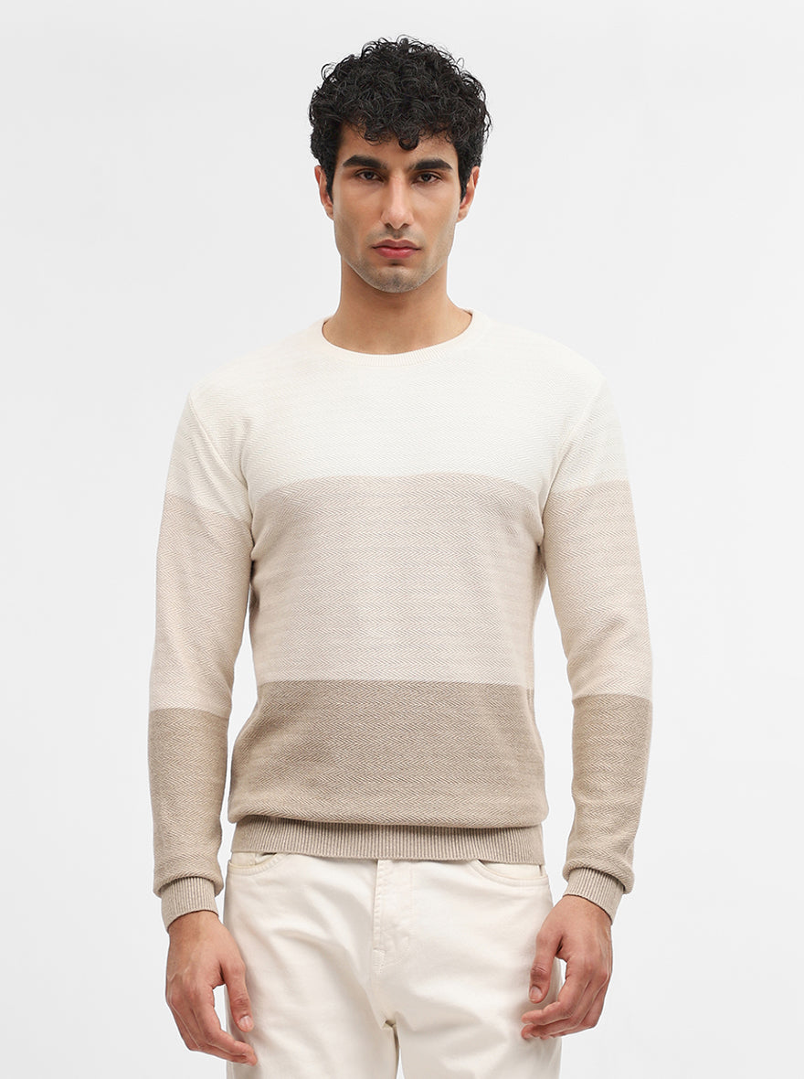 Khaki & Off White Striped Slim Fit Winter T-Shirt | JadeBlue
