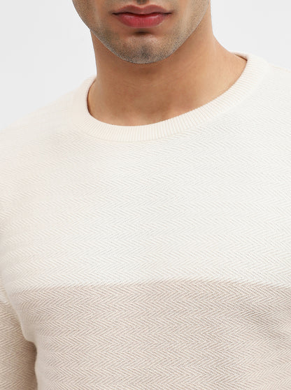 Khaki & Off White Striped Slim Fit Winter T-Shirt | JadeBlue