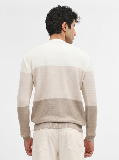Khaki & Off White Striped Slim Fit Winter T-Shirt | JadeBlue