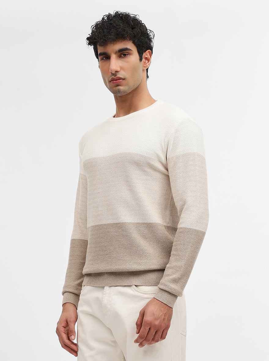 Khaki & Off White Striped Slim Fit Winter T-Shirt | JadeBlue