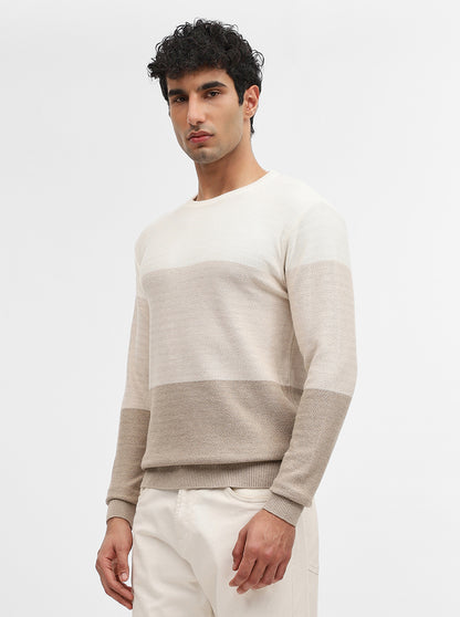 Khaki & Off White Striped Slim Fit Winter T-Shirt | JadeBlue