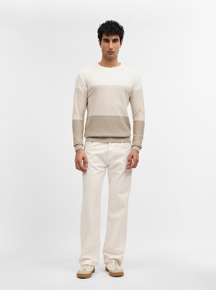 Khaki & Off White Striped Slim Fit Winter T-Shirt | JadeBlue