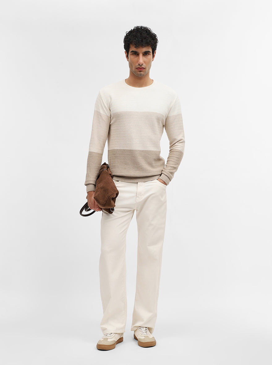 Khaki & Off White Striped Slim Fit Winter T-Shirt | JadeBlue