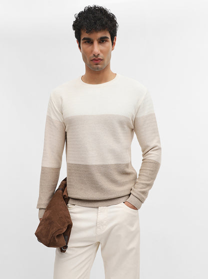 Khaki & Off White Striped Slim Fit Winter T-Shirt | JadeBlue