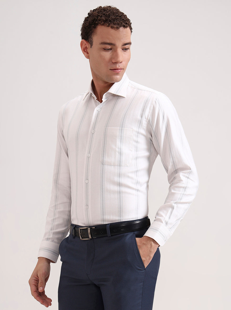 Grey Striped Regular Fit Formal Shirt | Metal
