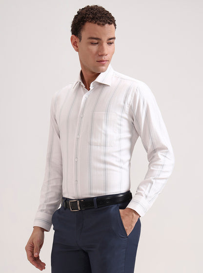Grey Striped Regular Fit Formal Shirt | Metal