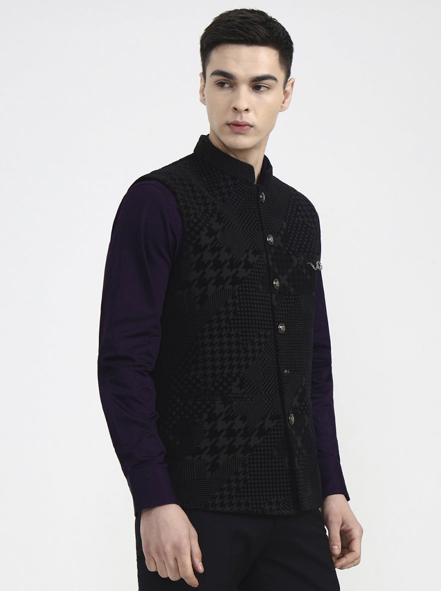 Black Printed Regular Fit Waistcoat | Wyre