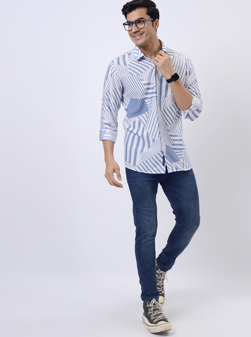 Light Blue Printed Slim Fit Casual Shirt | JadeBlue